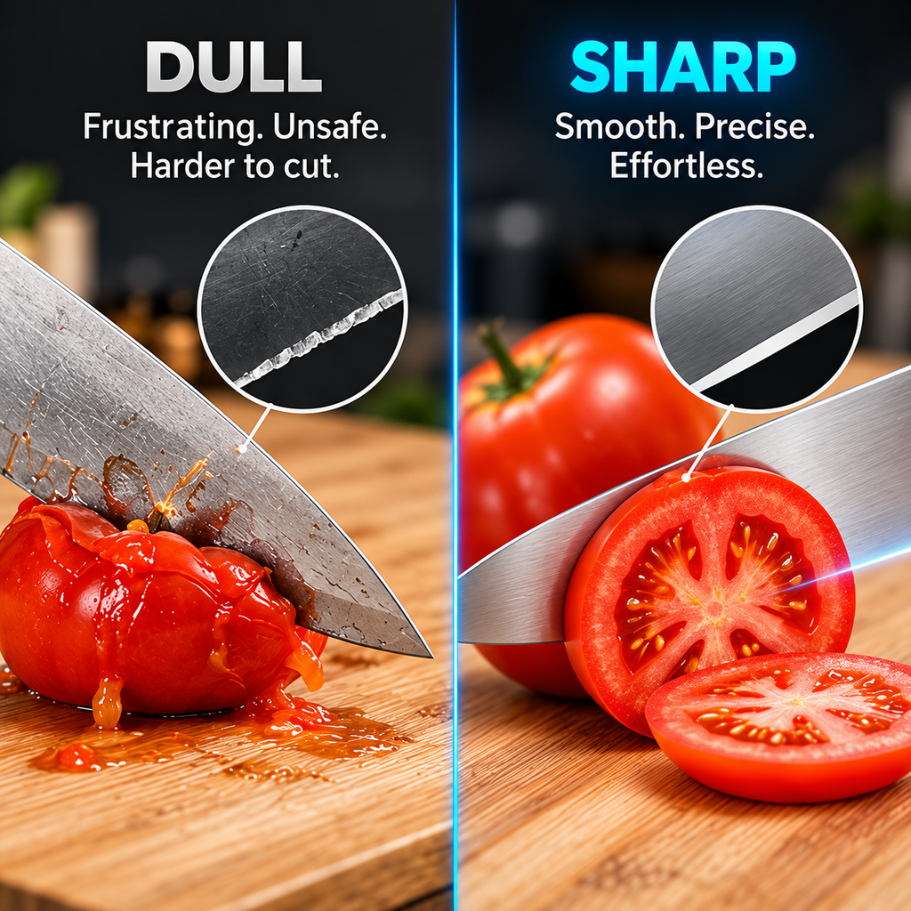 Dull knife vs sharp knife on a tomato