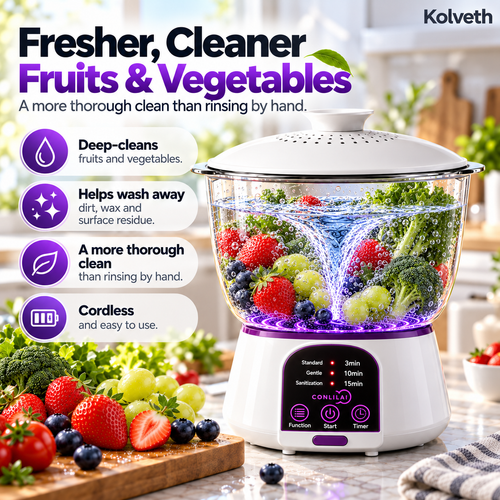 Rechargeable fruit and vegetable washer cleaning strawberries, grapes and broccoli