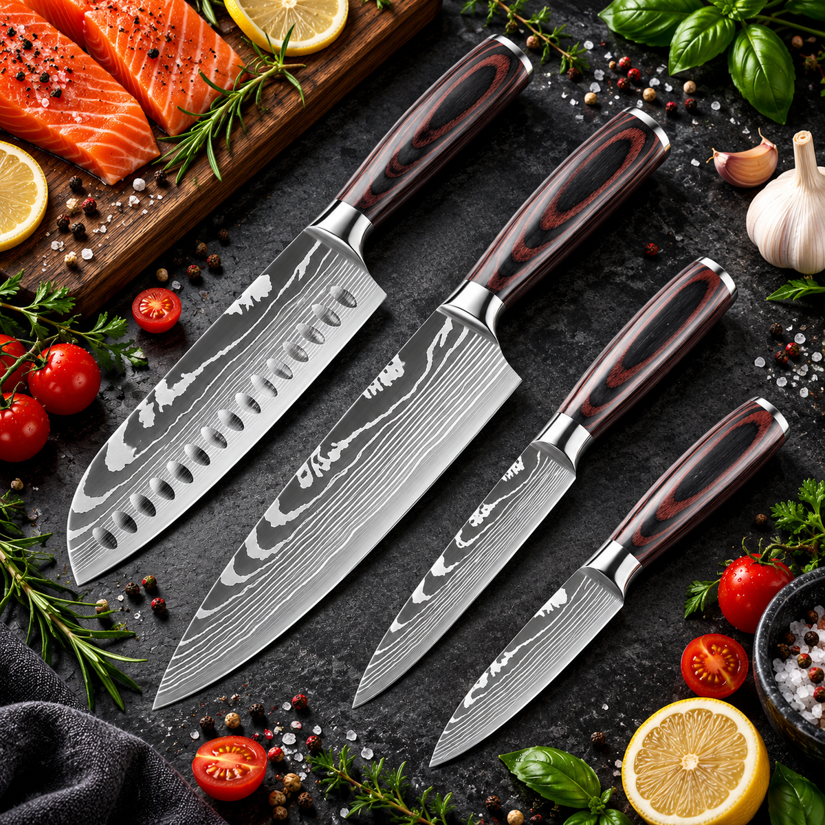Kolveth Japanese-style 4-piece knife set with wood handles