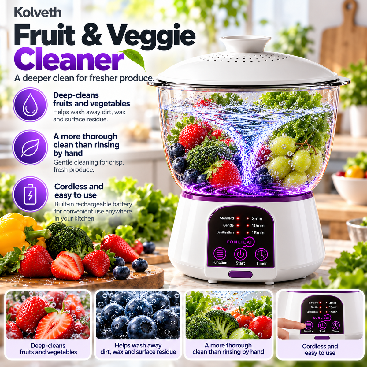 Fruit and veggie washer features: deep-cleans produce, cordless with built-in rechargeable battery