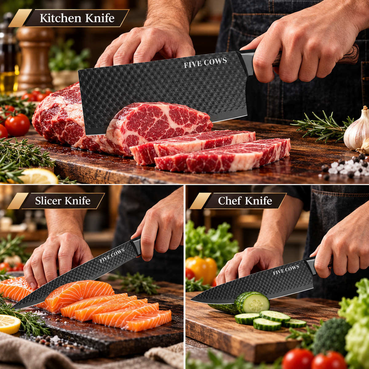 Cleaver, slicing knife and chef's knife in use