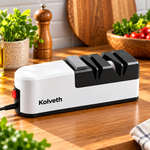 Kolveth Electric Knife Sharpener on a sunlit kitchen countertop